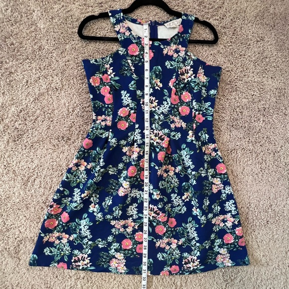 Floral Blue Stretchy Pleated Halter Top A Line Formal Dress - Picture 4 of 6